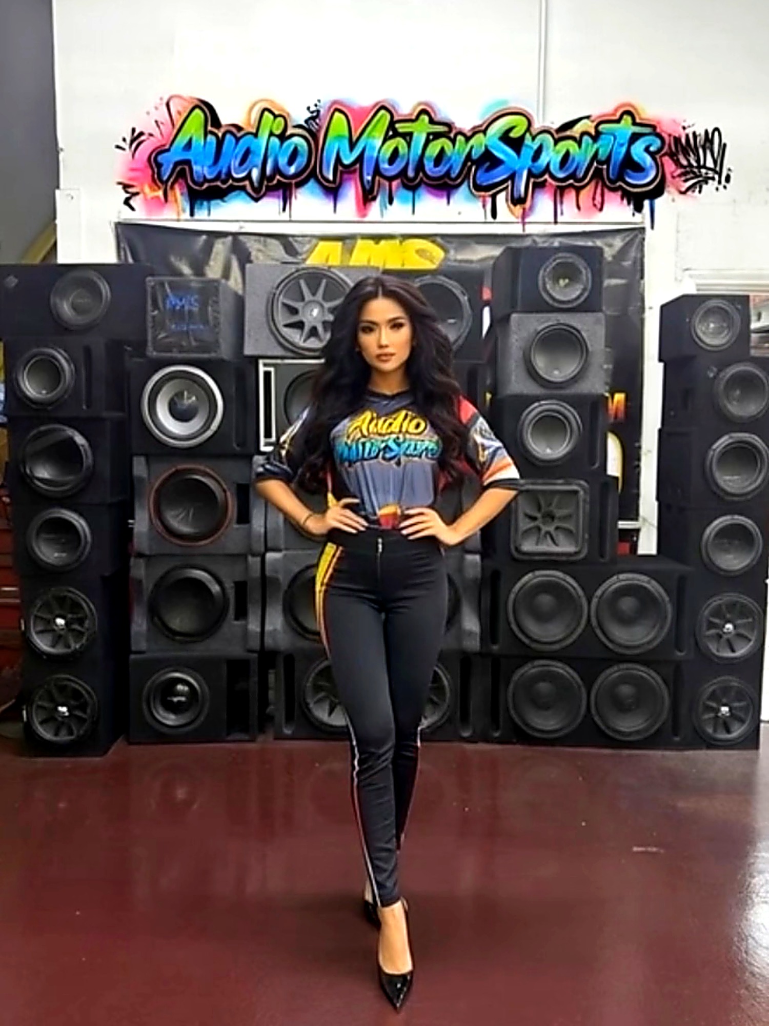 Audio MotorSports showroom wall of subwoofers with team member in front of custom sound system display